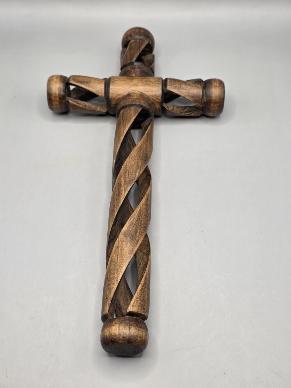 Vintage 12 Inch Hand Carved Wooden Helix Swirl Cross Open Work Religious Decor